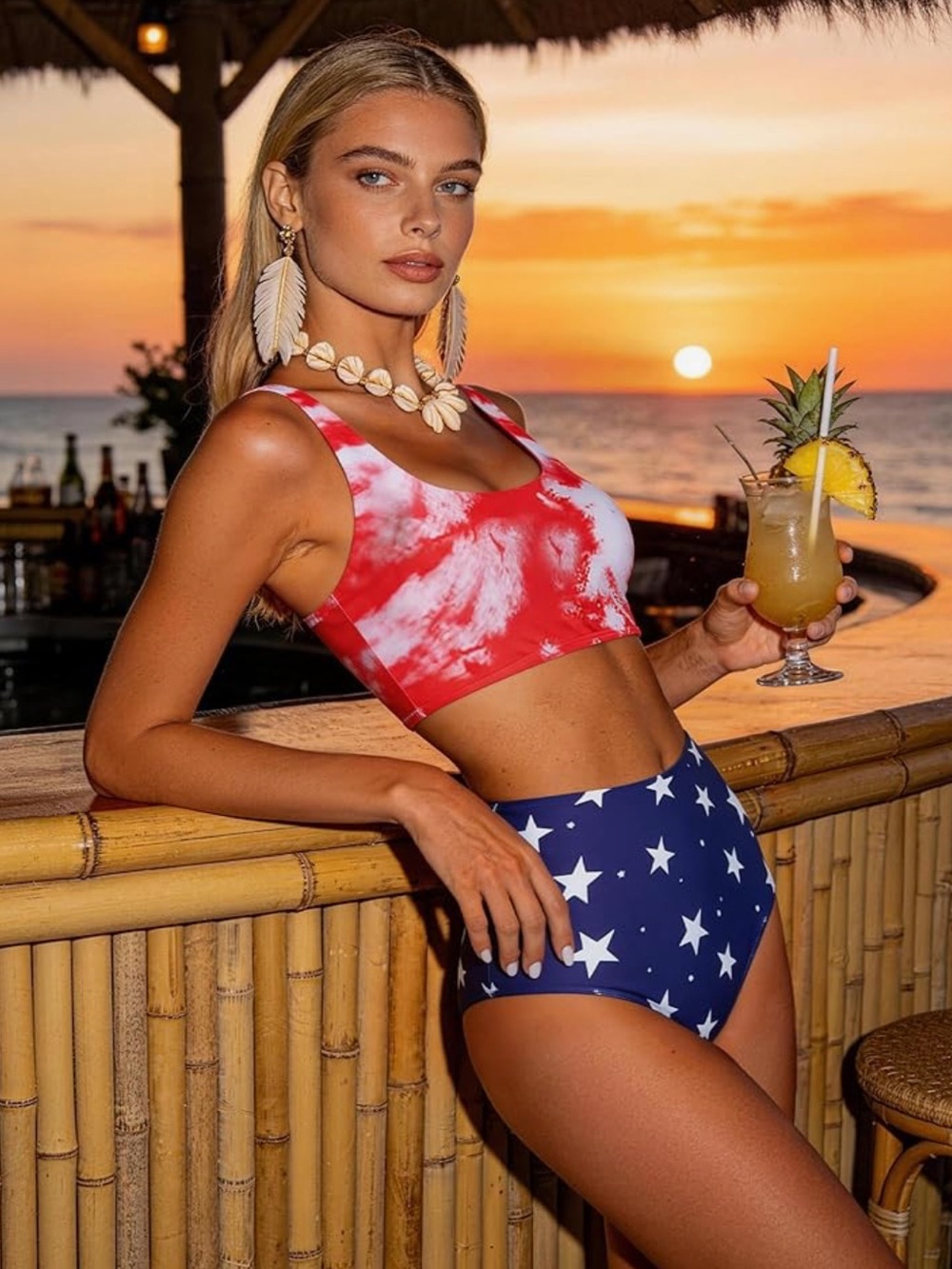 Patriotic Stars High Waisted Bikini Set Red White Blue Women’s XL USA 🇺🇸